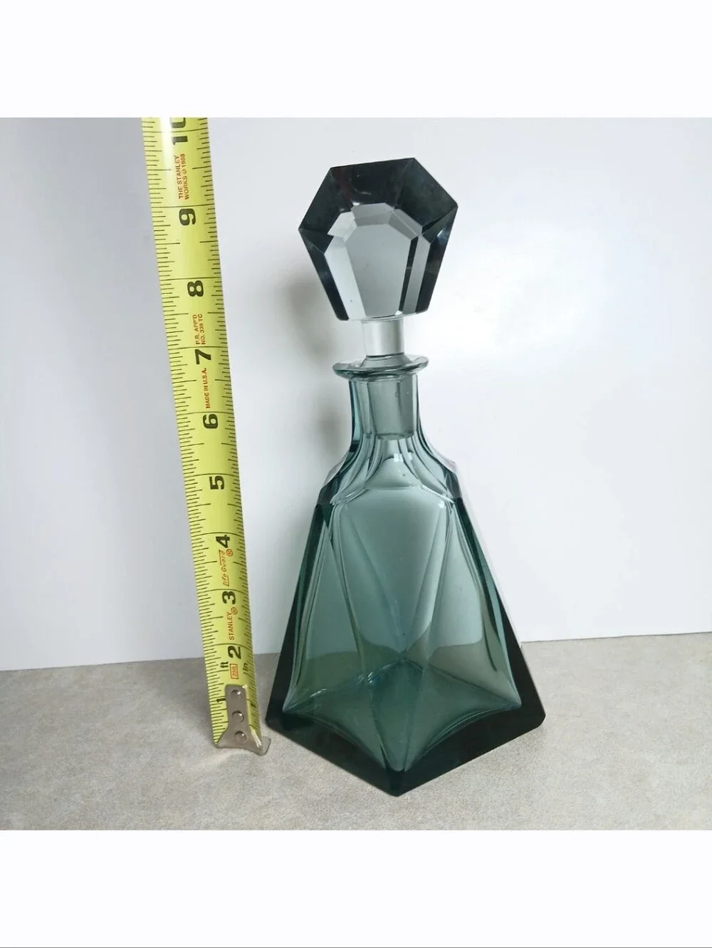 Antique Art Deco Bohemian Smokey Green Glass Geometric Decanter Bottle Cup Set